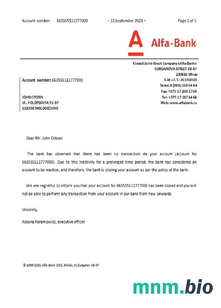 Białoruski przykład zamknięcia Alfa w formatach Word i PDF